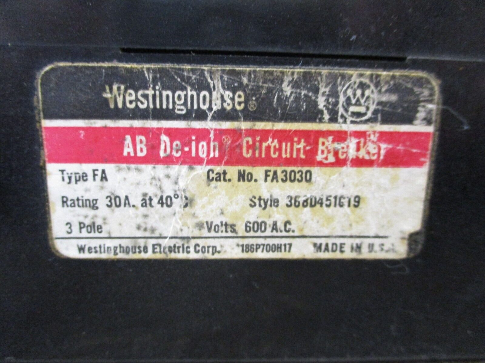 Westinghouse AB De-ion Circuit Breaker FA3030 30A 600V 3P Used