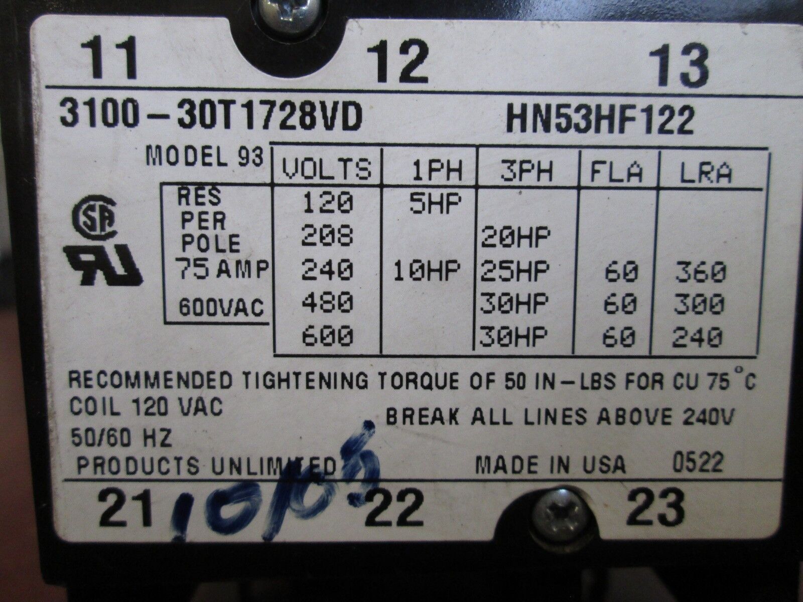 Products Unlimited Relay 3100-30T1728VD 120V Coil Used