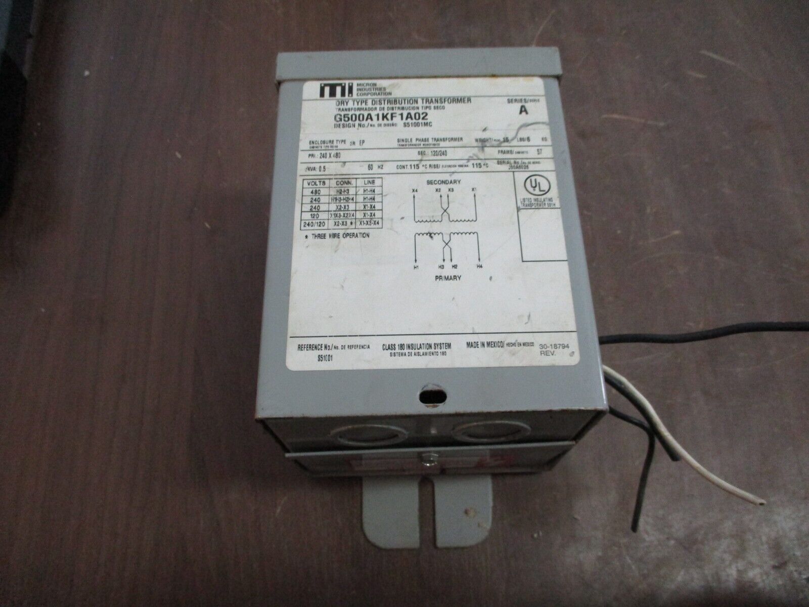 Micron Industries Transformer G500A1KF1A02 Ser. A 0.5kVA Pri: 240/480V 60Hz Used