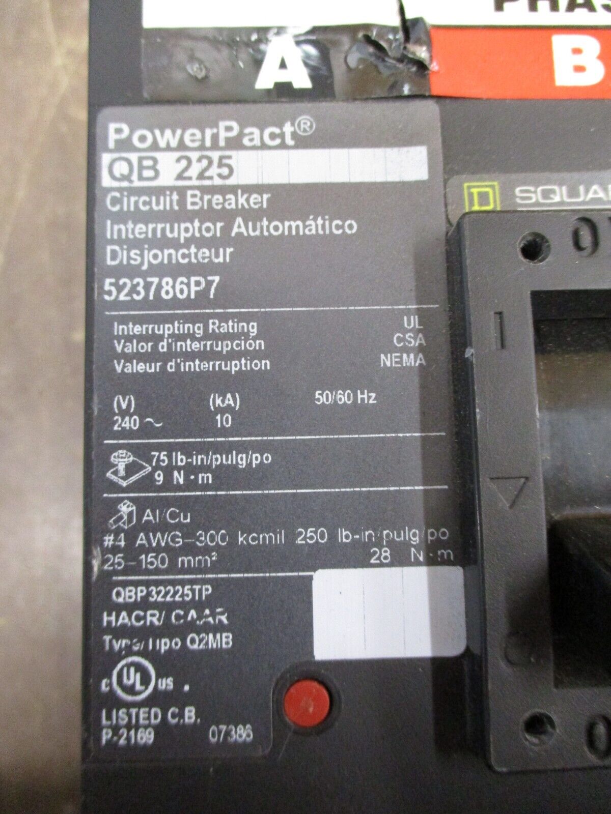 Square D PowerPact QB225 Circuit Breaker QBP32225TP 225A 240V 3P Used