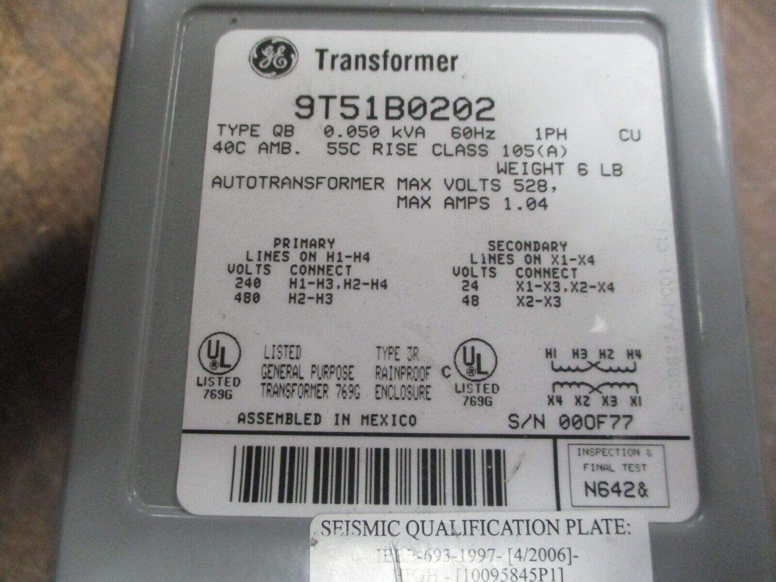 GE Type QB Transformer 9T51B0202 0.050kVA Pri:240/480V Sec:24/48V 60Hz 1Ph Used