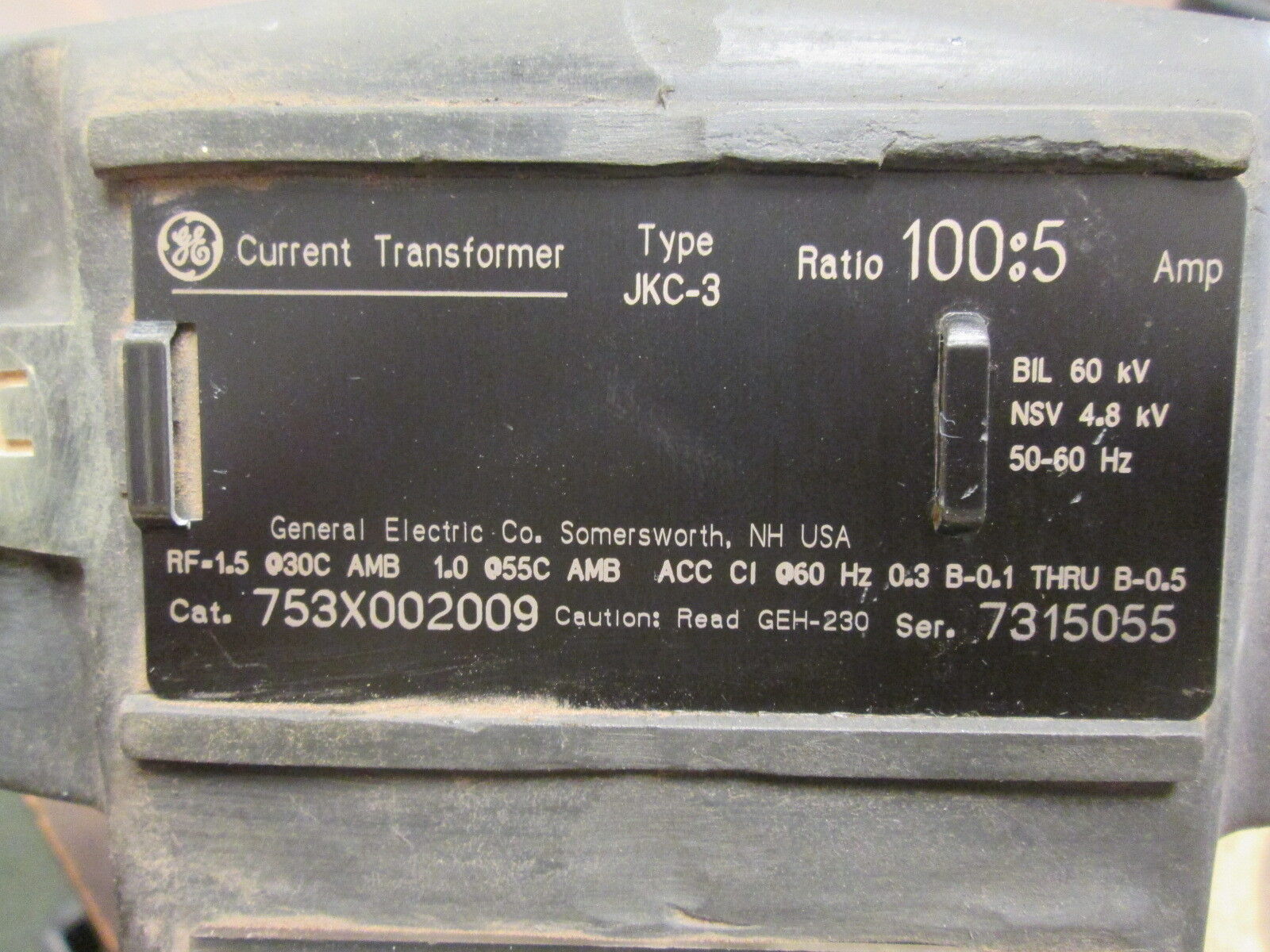 GE Type JKC-3 Current Transformer 753X002009 Ratio 100:5A 60KV BIL Used