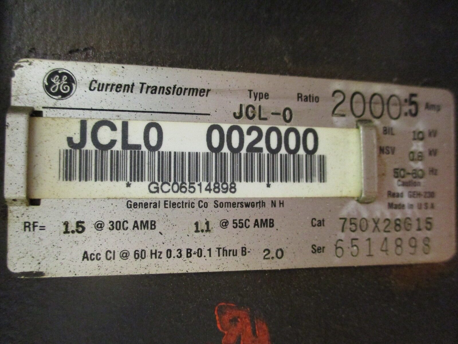 GE Type JCL-0 Current Transformer 750X28G15 Ratio 2000:5A 10KV BIL 50-60Hz Used