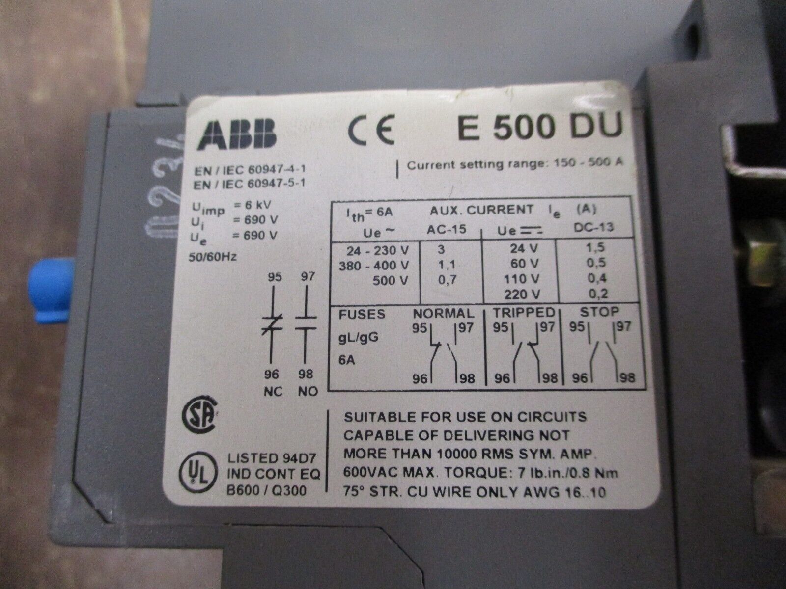 ABB Solid State Overload E 500 DU Trip: 150-500A Used