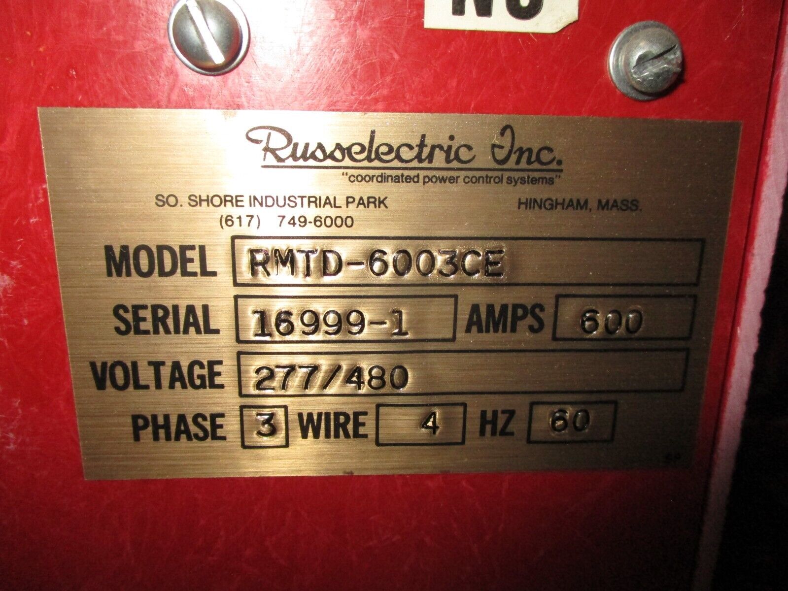 Russelectric Automatic Transfer Switch RMTD-6003CE 600A 277/480V 3Ph 4W 60Hz