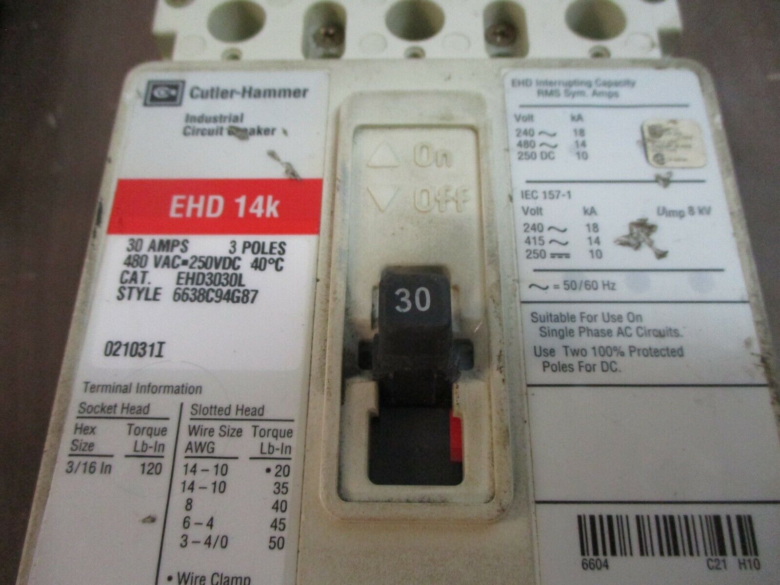 Cutler-Hammer EHD 14k Circuit Breaker EHD3030L 30A 480V 3P Used