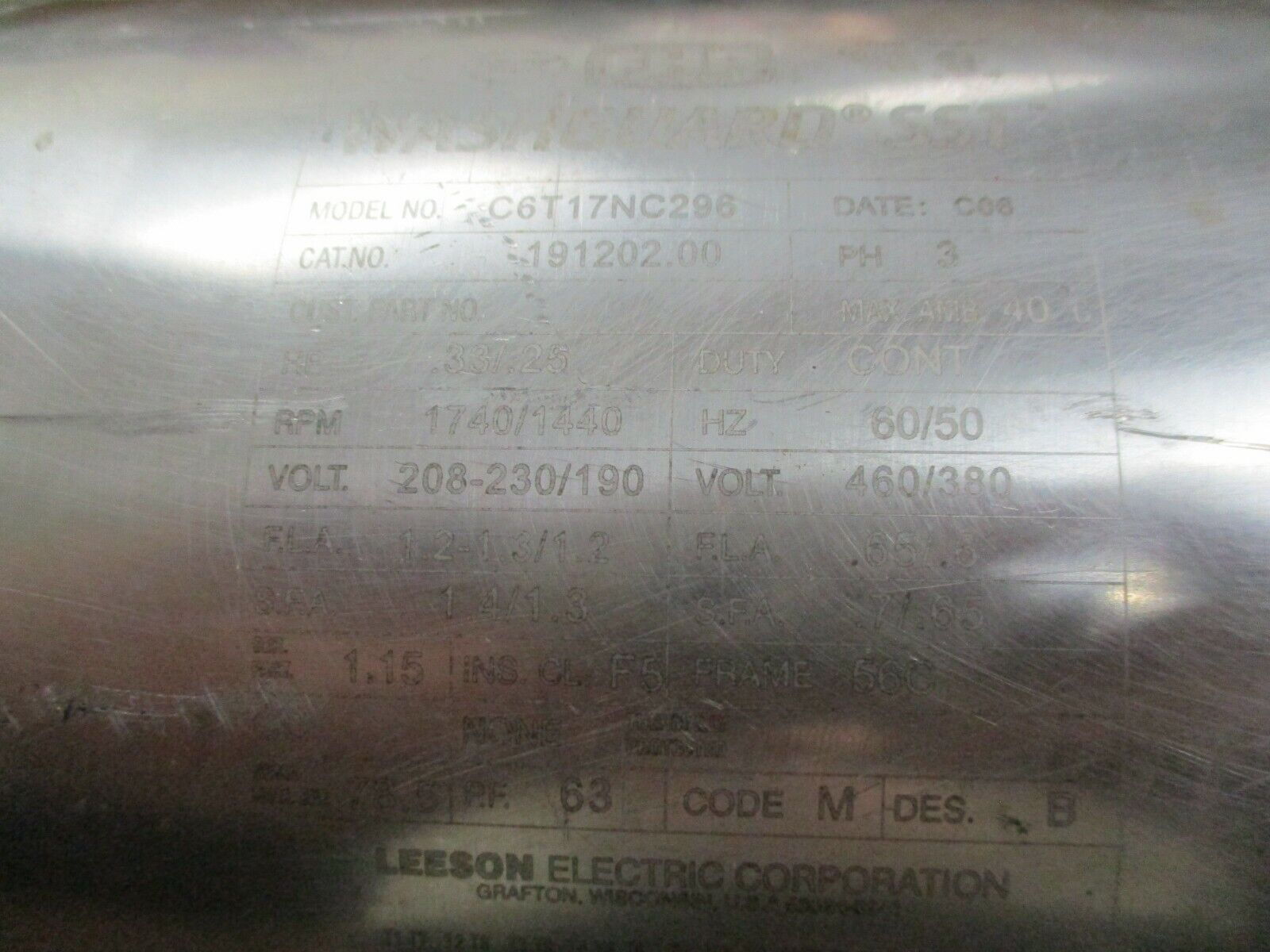 Leeson C6T17NC296 Stainless Washduty Motor 191292.00 .33/.25HP 1800/1500RPM Used