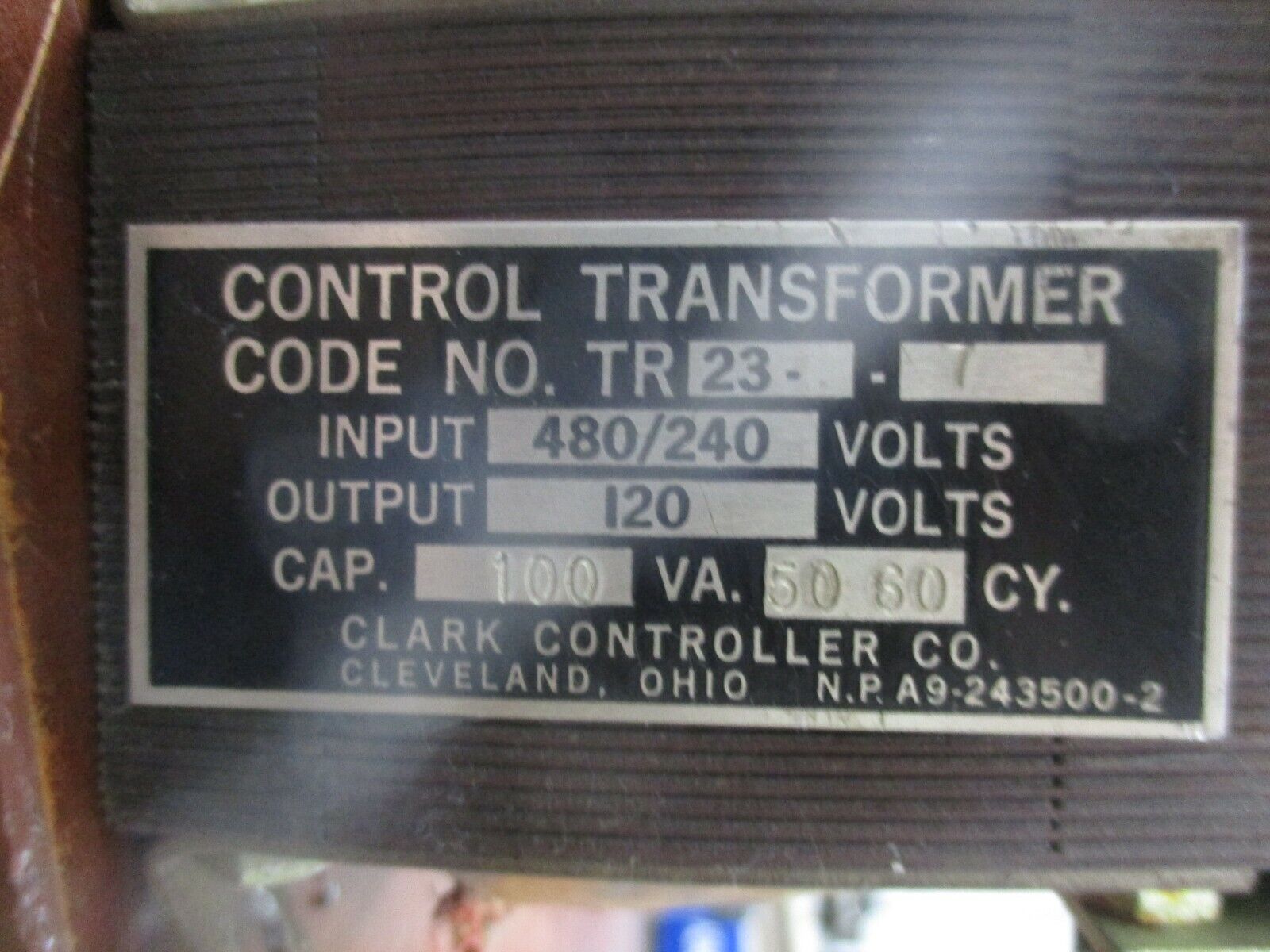 Clark Control Transformer T23-7 100VA Pri: 480/240V Sec: 120V 50/60Hz Used