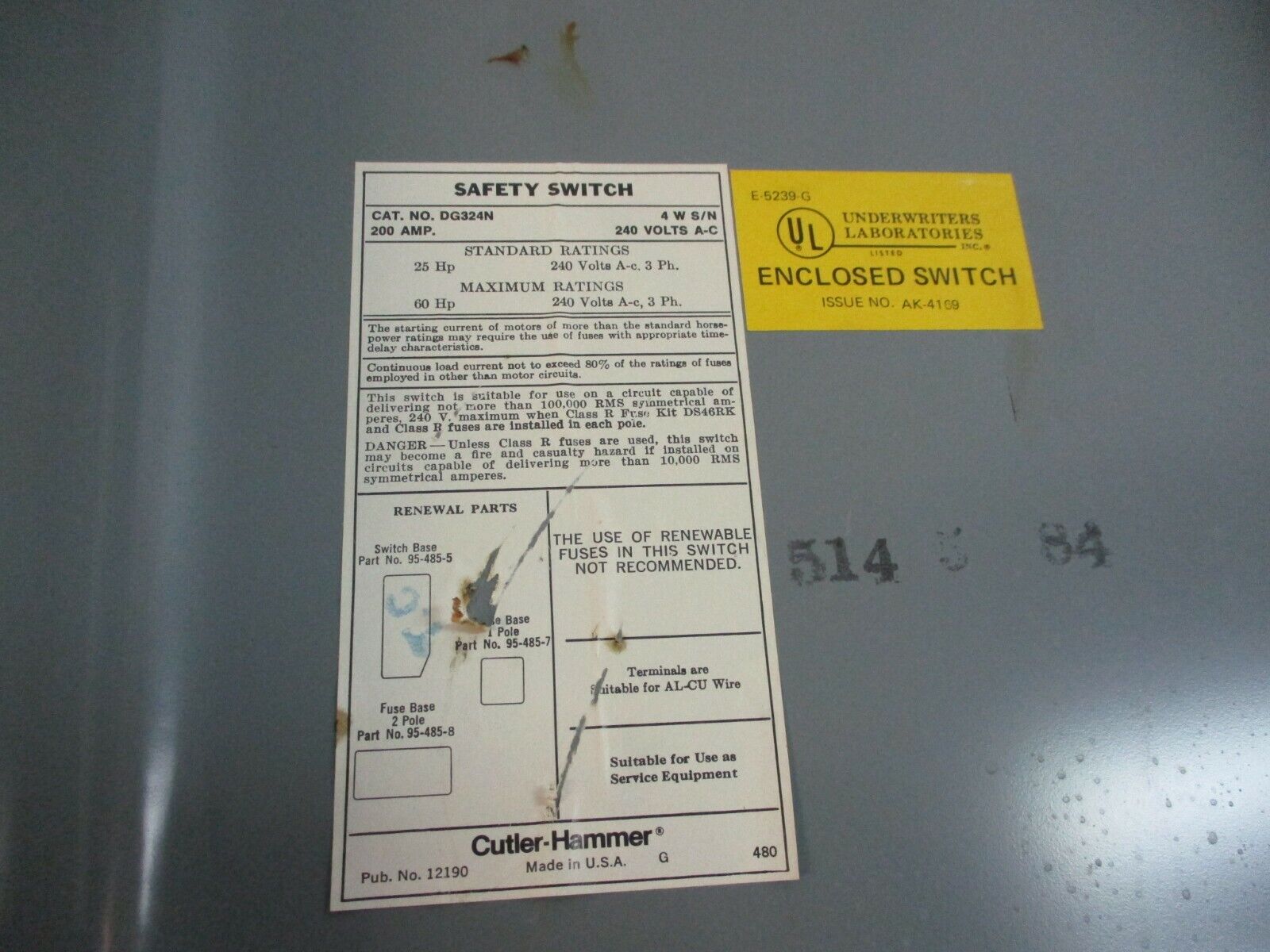 Cutler-Hammer Fusible Safety Switch/Disconnect DG324N 200A 240V Used