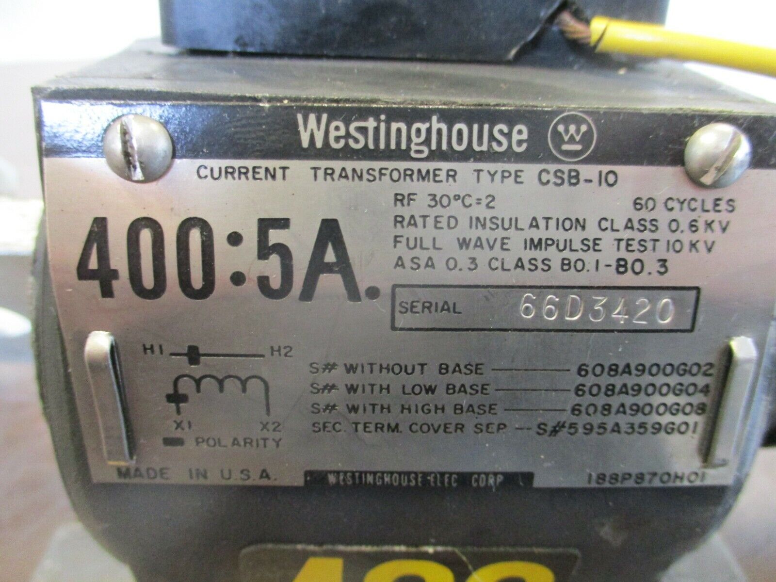 Westinghouse Current Transformer CSB-10 Ratio 400:5A 600V 60Hz Used