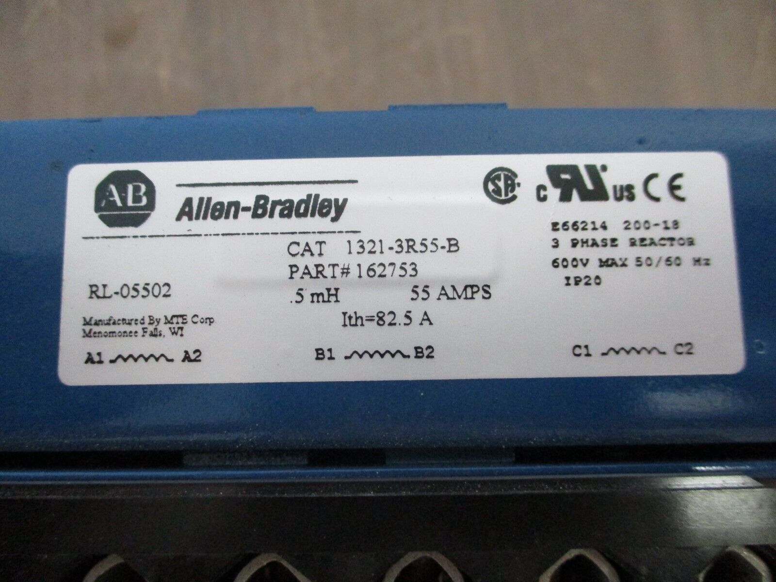 Allen-Bradley 1321-3R55-B Line Reactor 162753 0.5mH 55A 3Ph 600V 50/60Hz Used