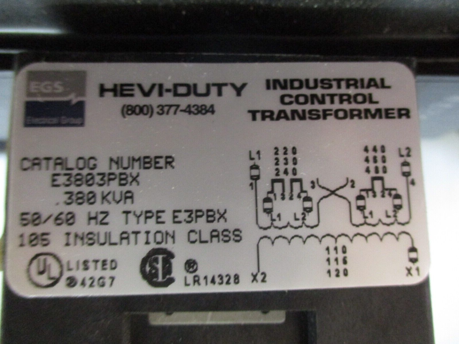 Hevi-Duty Control Transformer E3803PBX 0.380KVA Pri: 240/480V Sec: 120V 50/60Hz