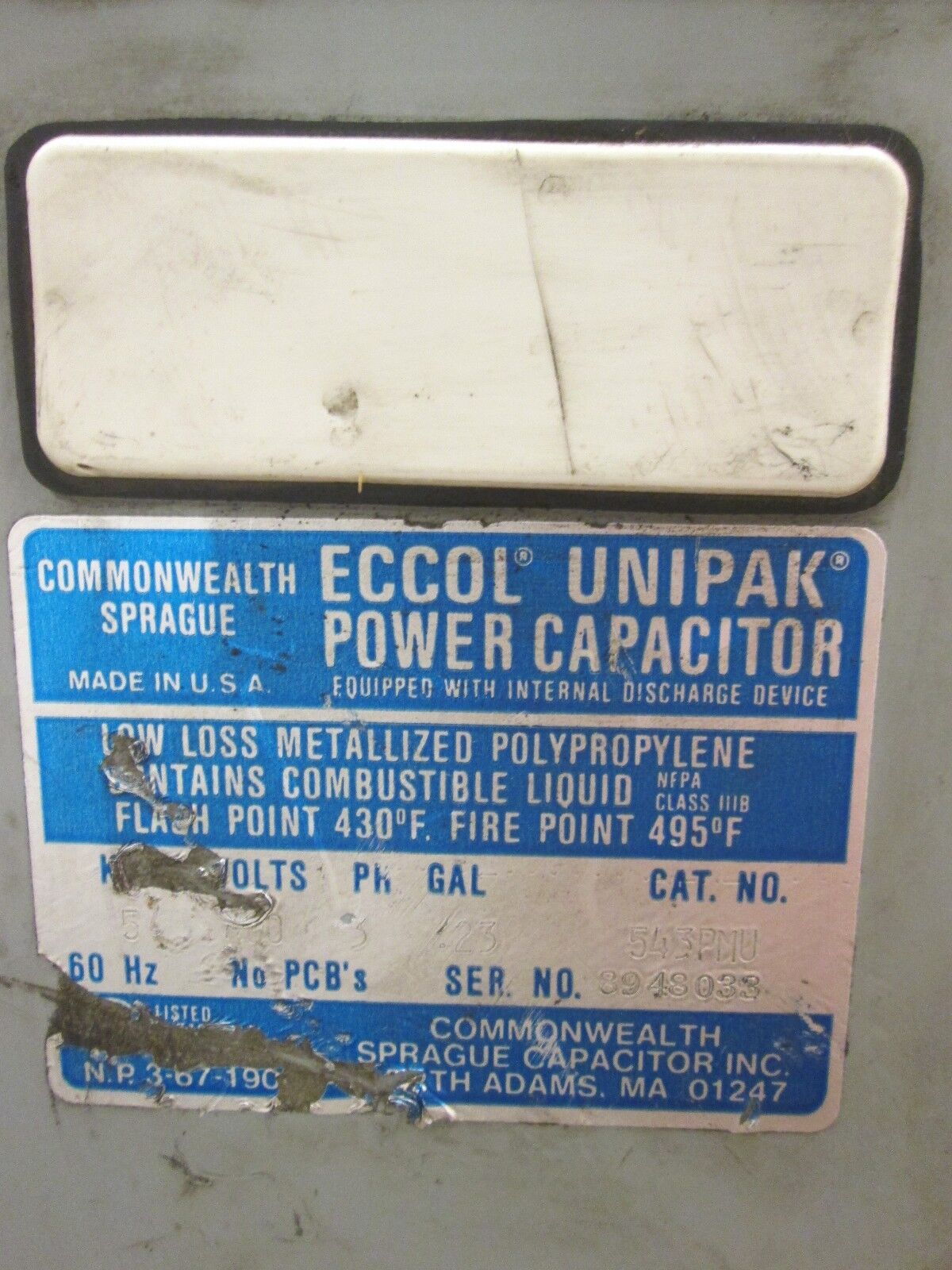 Sprague Eccol Unipak Power Capacitor 543PMU 5KVAR 480V 3Ph 60Hz Used