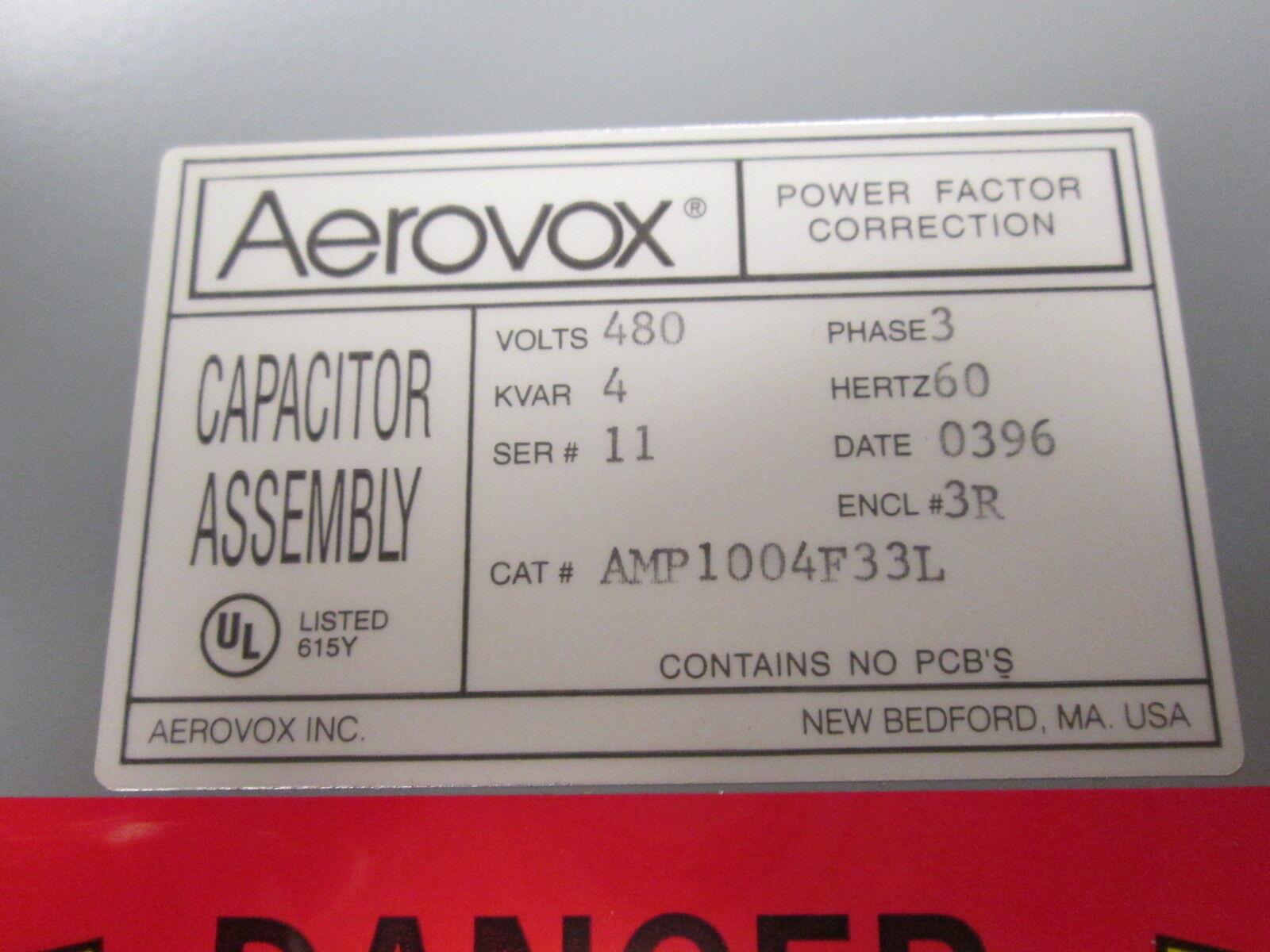 Aerovox Capacitor AMP1004F33L 4KVAR 480V 3Ph 60Hz 3R Enclosure New Surplus