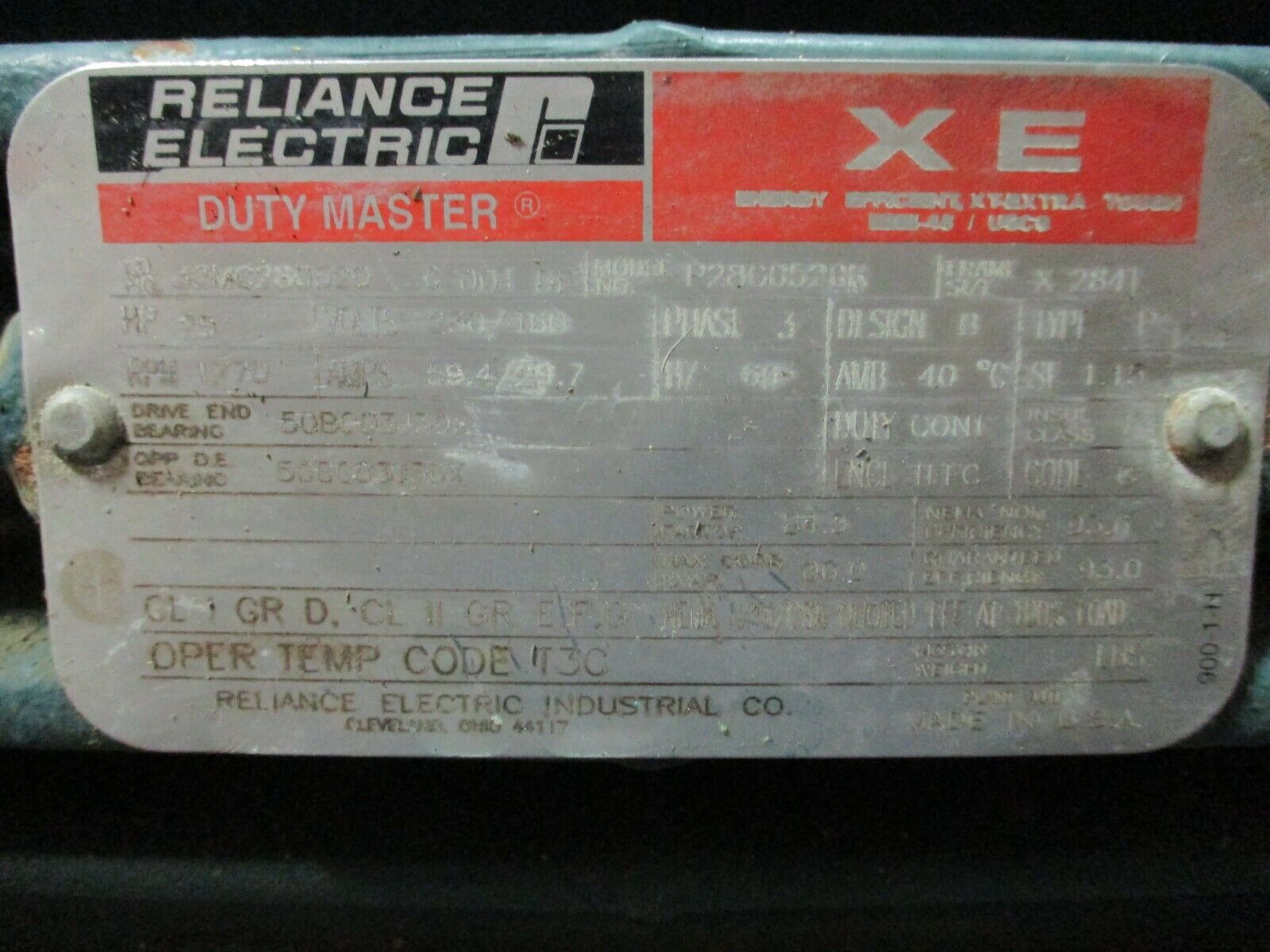 Reliance Duty Master XE Hazardous Location AC Motor P28G0520K 25HP 1800RPM Used