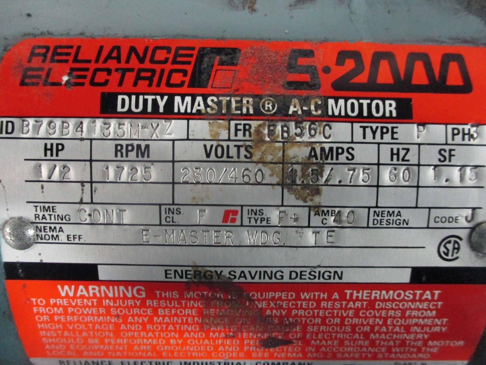 Reliance Duty Master AC Motor w/ Brake B79B4135M-XZ 1/2HP 1800RPM FR:FB56C Used