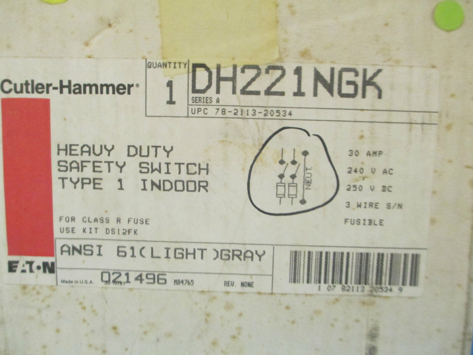 Cutler-Hammer Heavy Duty Safety Switch DH221NGK 30A 240V *New Surplus*