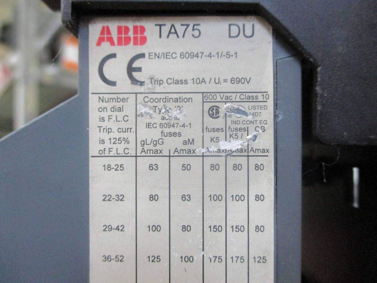 ABB	Solid State Overload TA75 DU Trip: 30-60A w/ DIN Rail Adapter Used