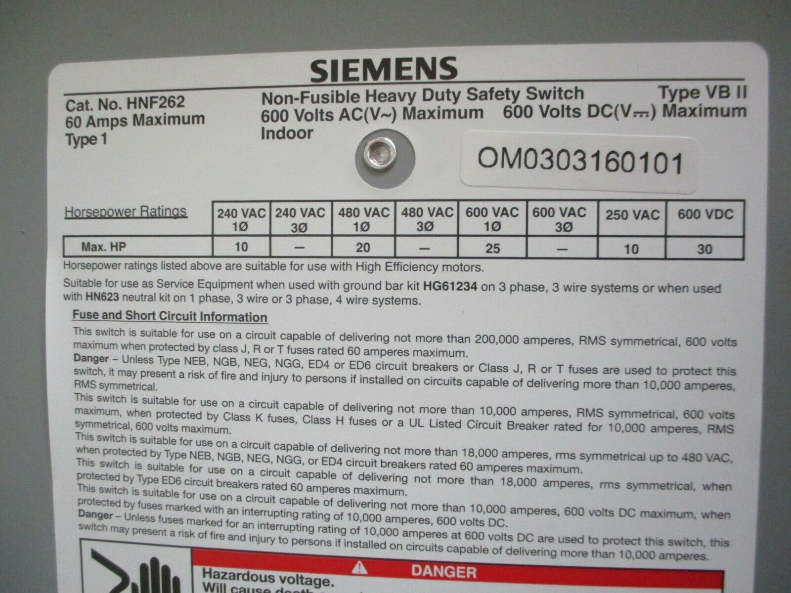 Siemens Non-Fusible Safety Switch / Disconnect HNF262 60A 600V Type 1 Encl Used