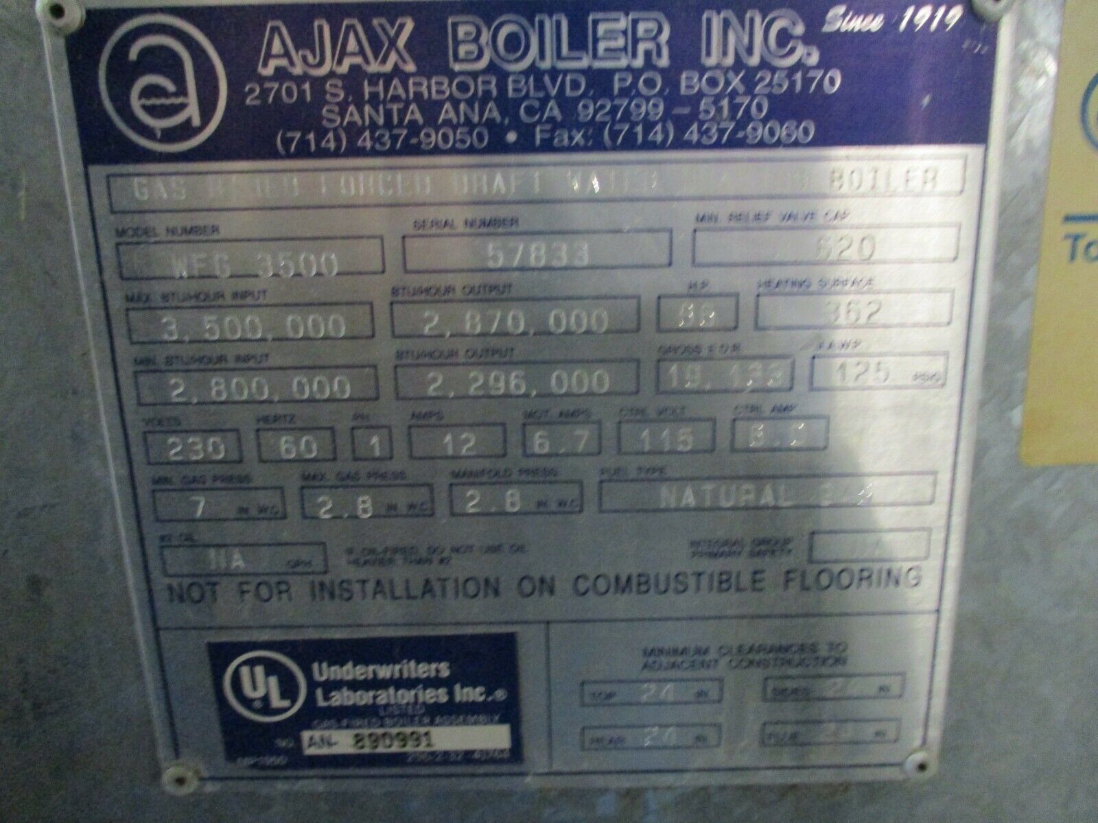 Ajax Natural Gas Boiler WFG 3500 3,500,000BTU In 2,870,000BTU Out 1Ph 230V Used