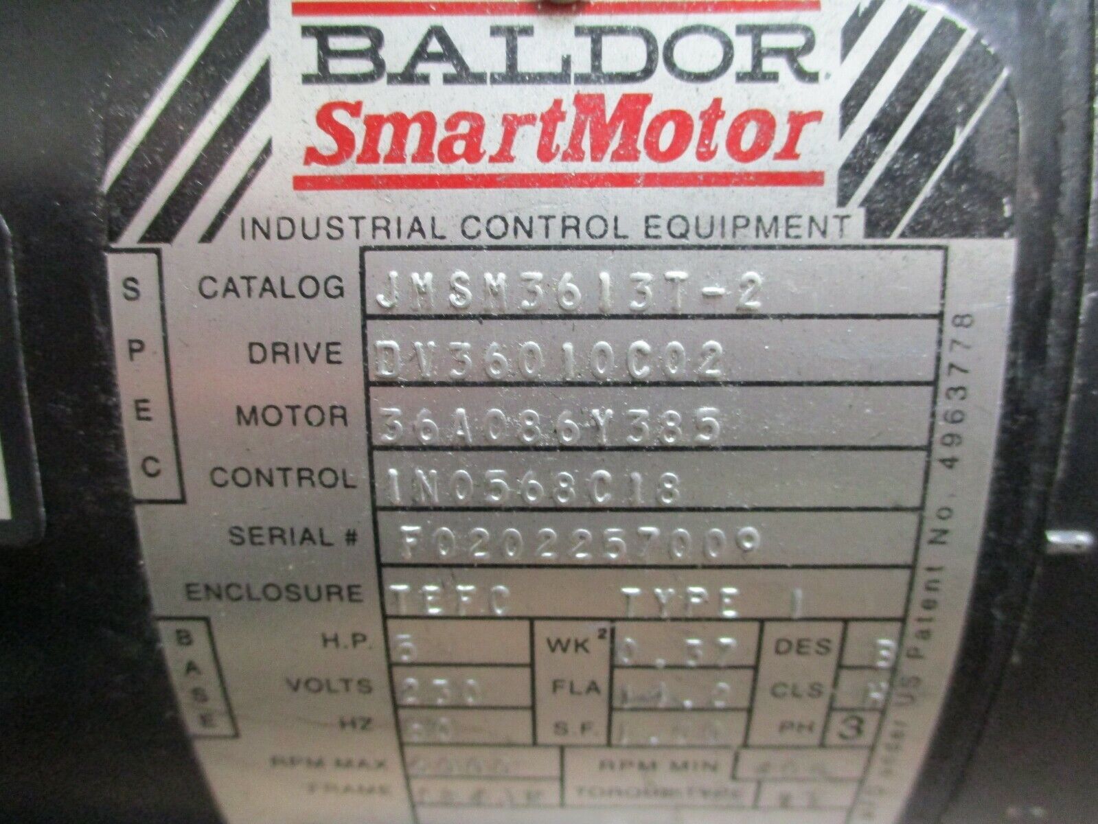 Baldor SmartMotor JMSM3613T-2 5HP 6000RPM Max FR: 184JM ENCL: TEFC 230V 3Ph Used