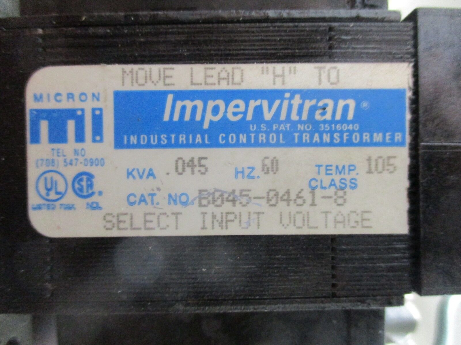 Micron Impervitran Transformer B045-0461-8 0.045KVA Pri: 208/230/460V Sec: 120V