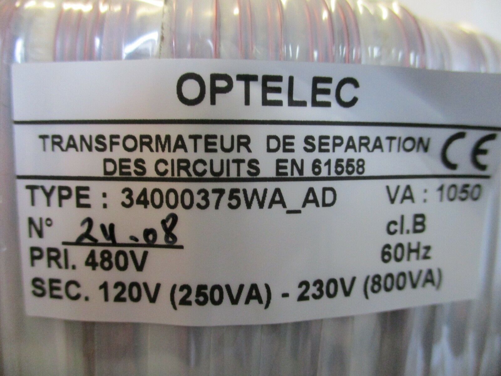 Optelec Isolating Transformer 34000375WA_AD 1050VA Pri: 480V Sec: 120-230V Used