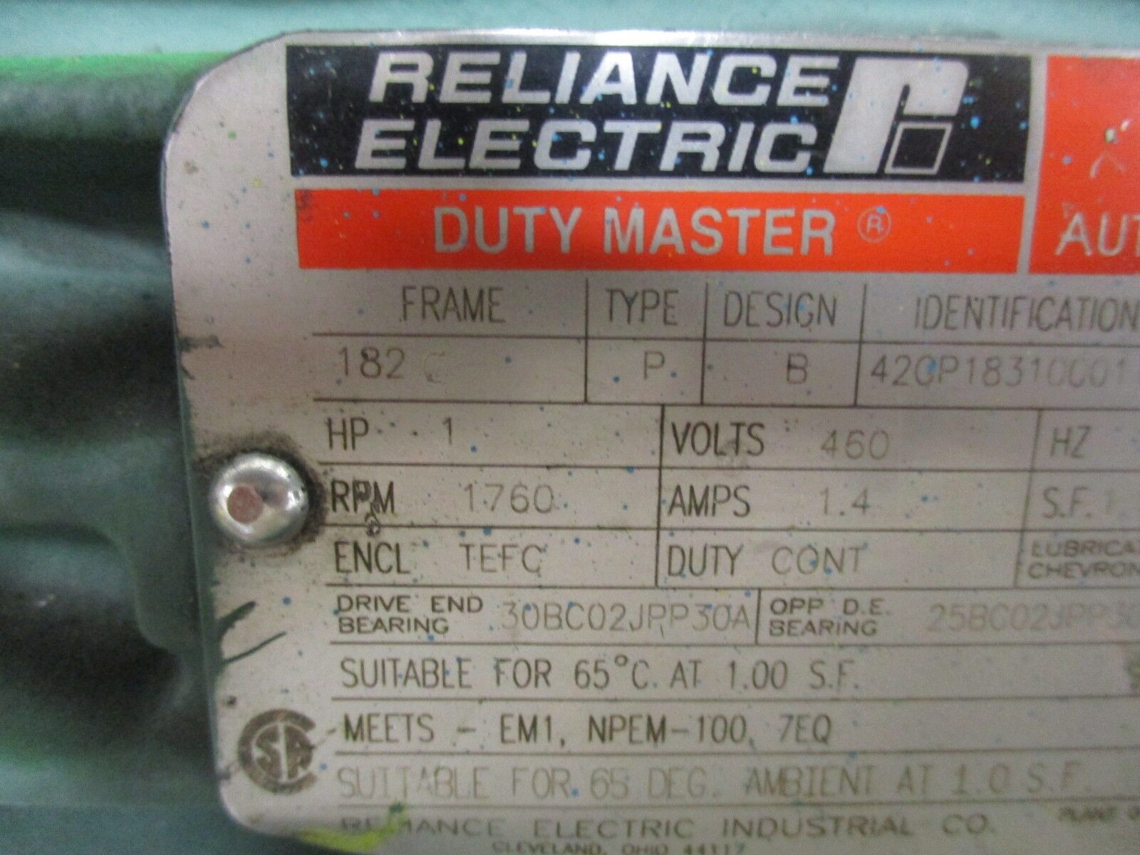 Reliance AI Duty Master AC Motor P18G3100F 1HP 1800RPM 460V 1.4A 60Hz 3Ph Used