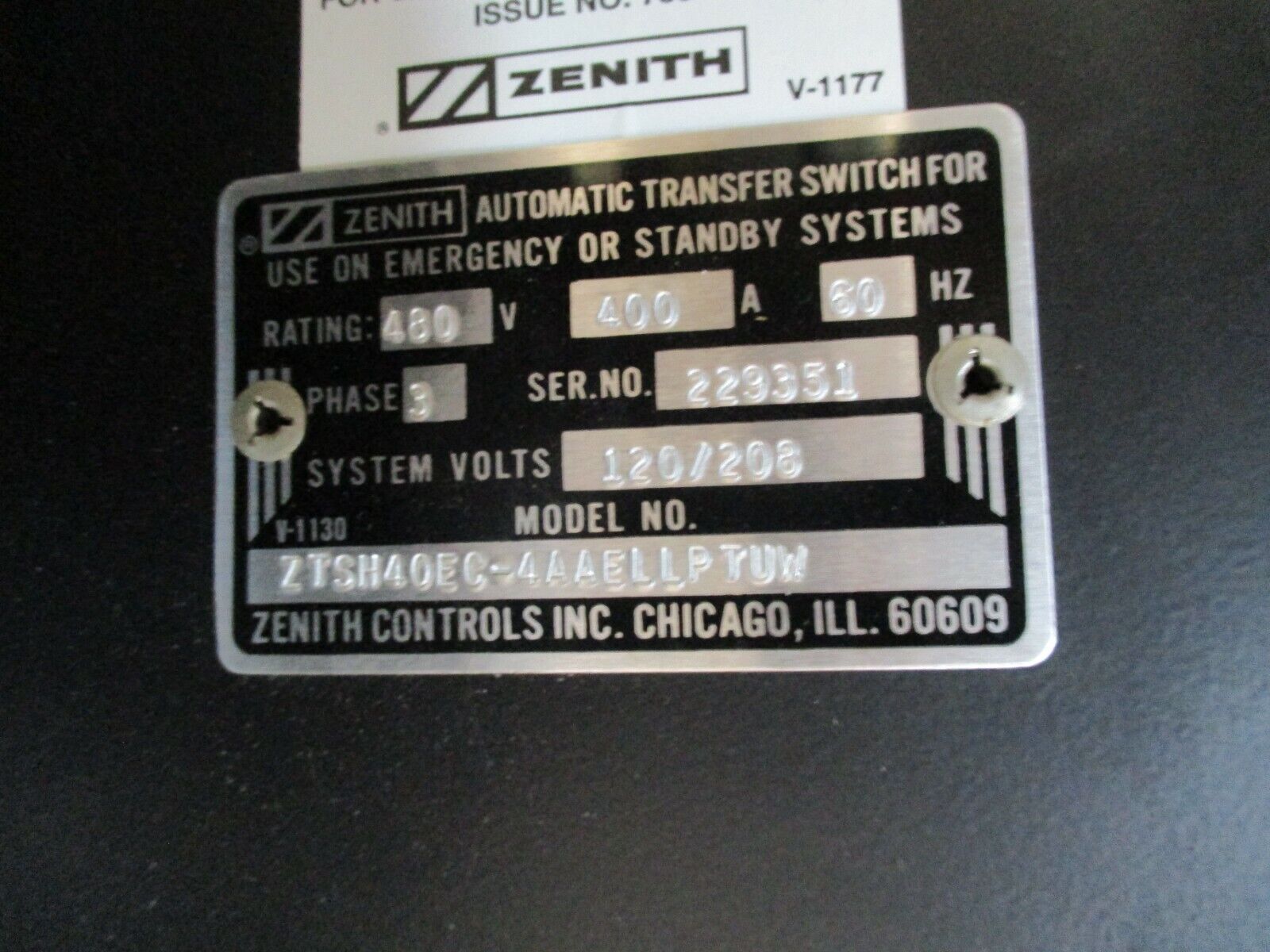 Zenith Automatic Transfer Switch ZTSH40EC-4AAAAELLPRTUW 400A 3Ph 60Hz Used