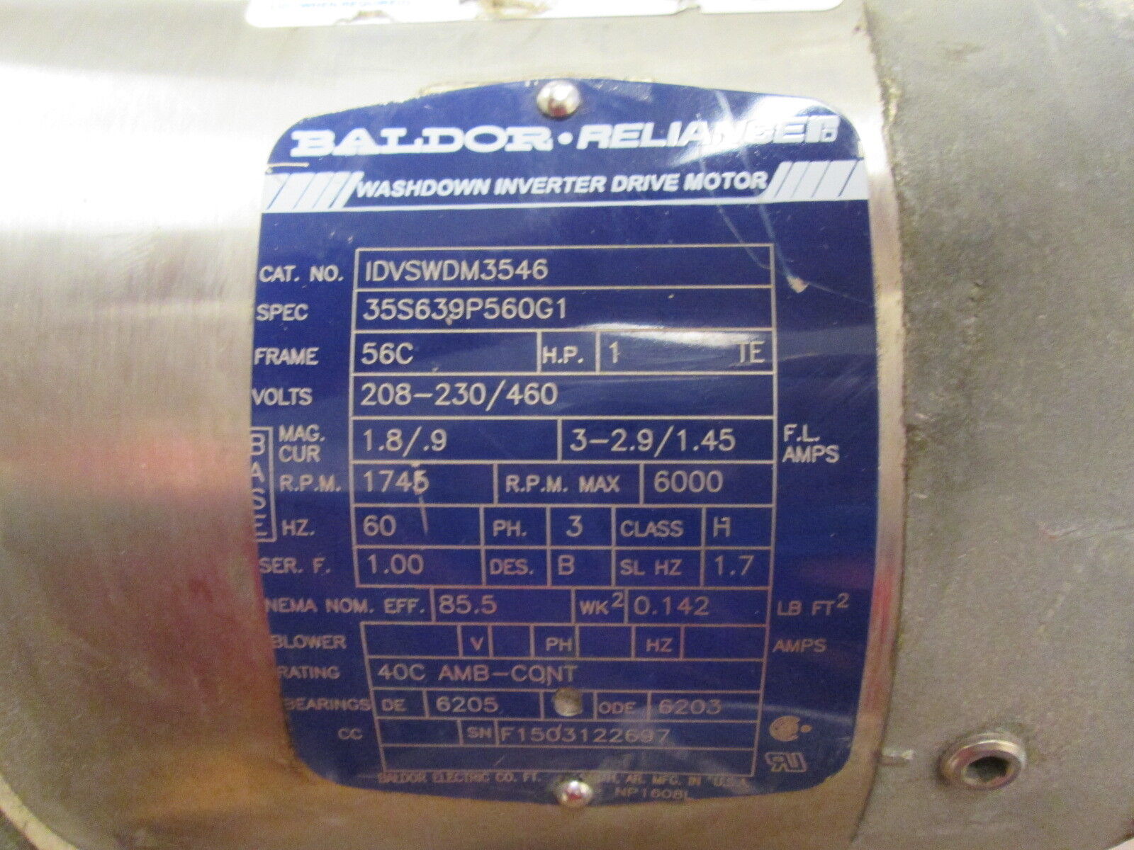 Baldor Stainless Steel Washdown Motor IDVSWDM3546 1HP 1800RPM FR:56C Used