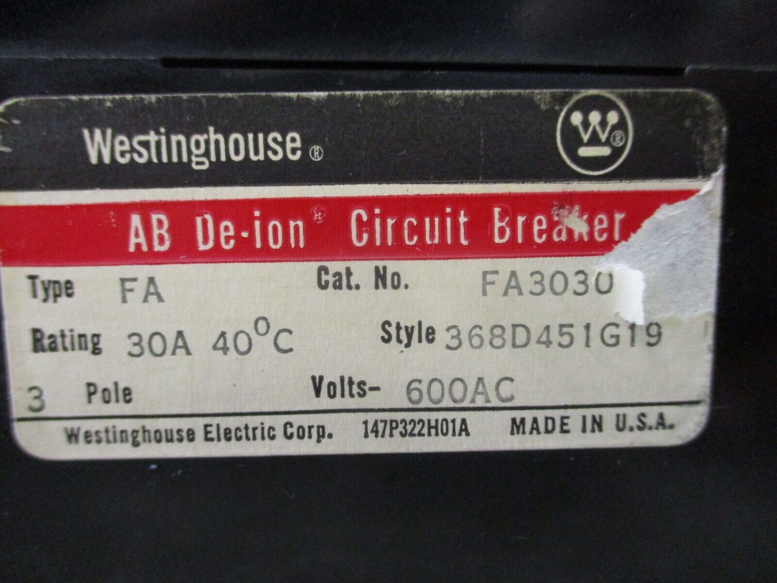 Westinghouse AB De-ion Circuit Breaker FA3030 30A 600V 3P Used