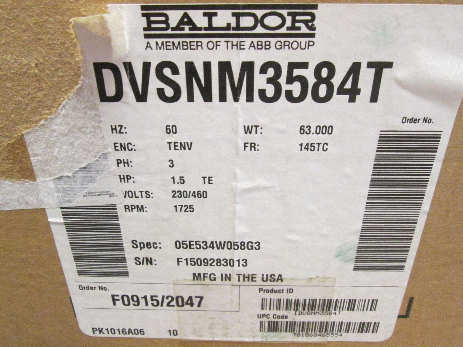 Baldor Variable Speed AC Motor DVSNM3584T 1.5HP 1800RPM FR:145TC ENCL:TENV