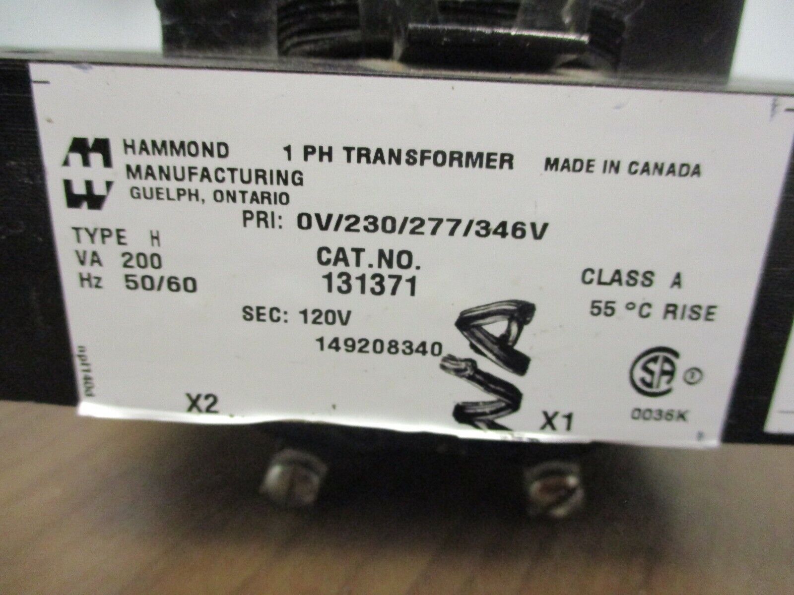 Hammond Transformer 131371 200VA Pri: 230/277/346V Sec: 120V 1Ph 50/60Hz Used