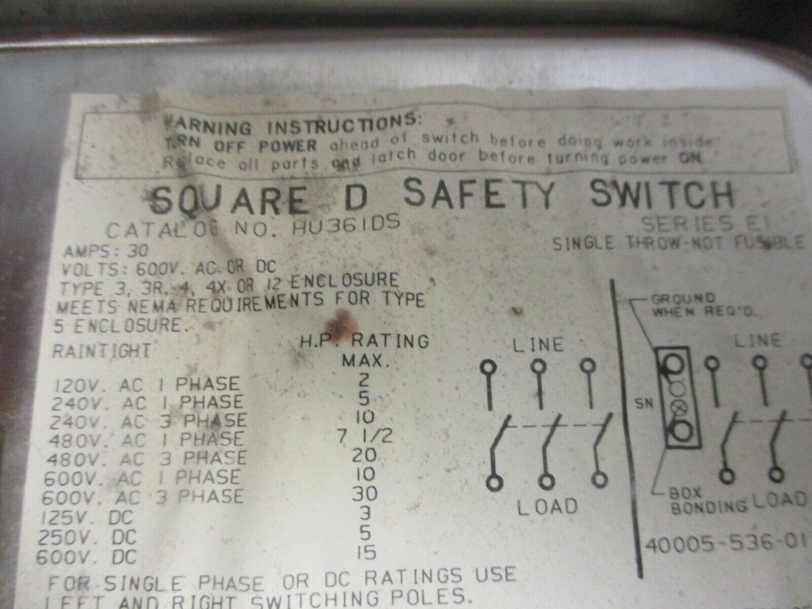 Square D Stainless Steel 4X Non-Fusible Safety Switch/Disconnect HU361DS 30A