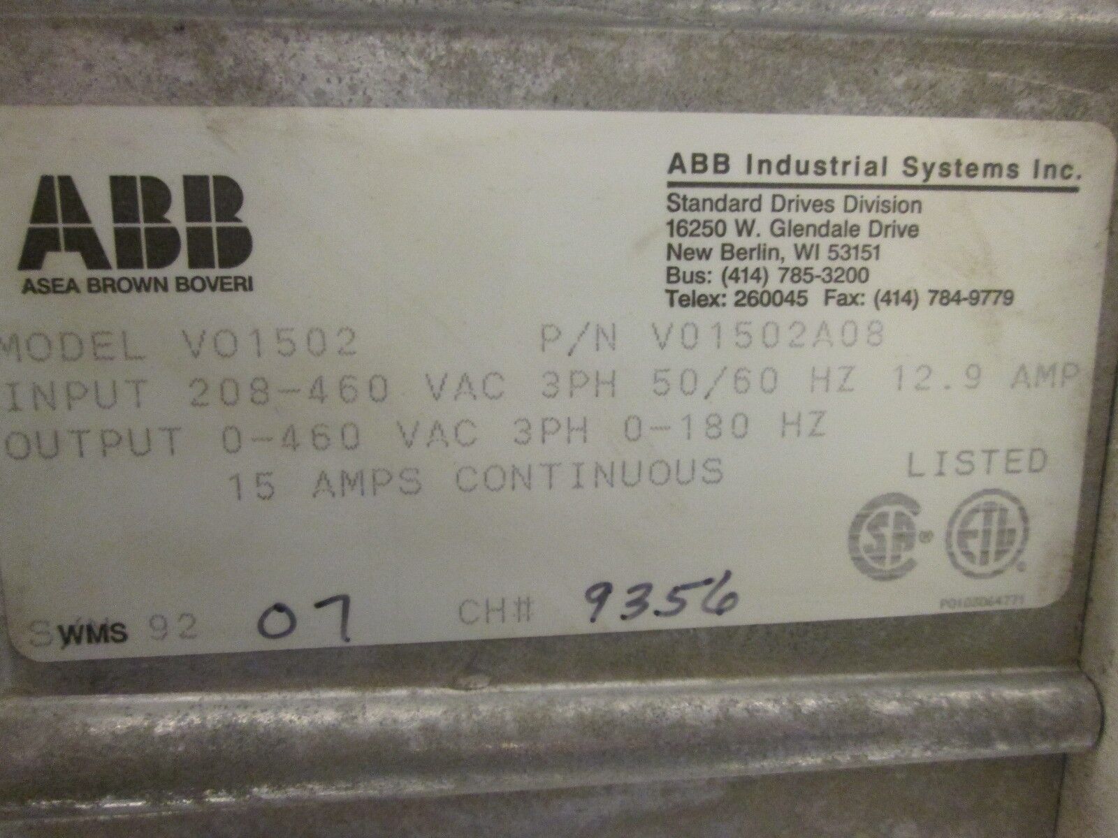 ABB AC Drive V01502 10HP 3Ph Output: 0-460V 15A 0-180Hz Used