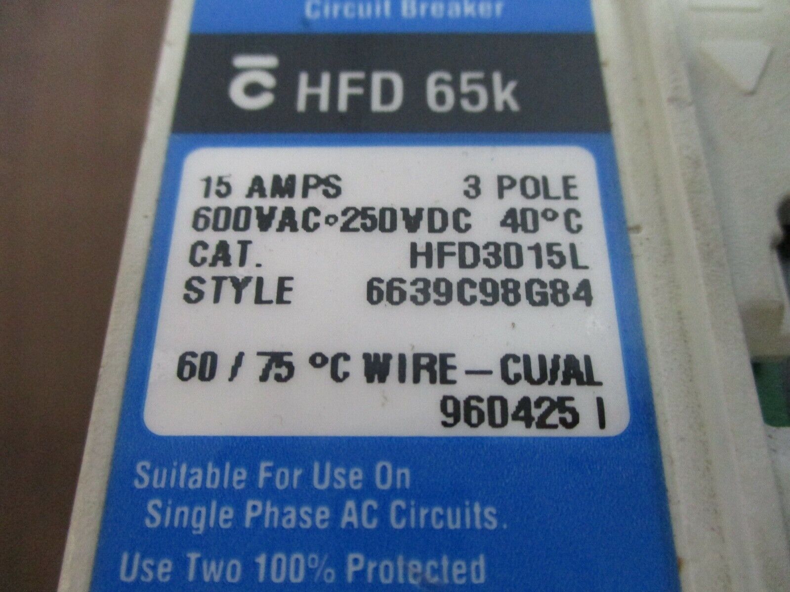 Cutler-Hammer / Westinghouse HFD 65K Circuit Breaker w/ Aux HFD3015L 15A 600V 3P