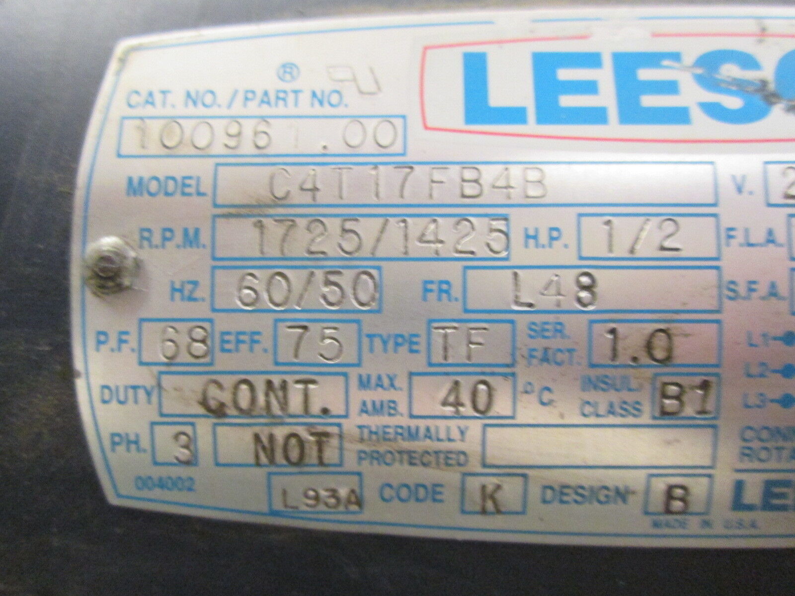 Leeson C4T17FB4B AC Motor 100961.00 ½HP 1725/1425RPM FR: L48 ENCL: TEFC Used