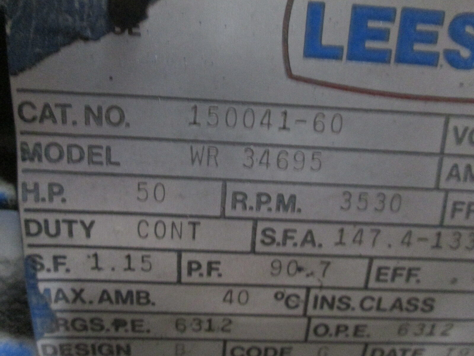 Leeson WR34695 AC Motor 150041-60 50HP 3530RPM FR:326TS 208-230/460V 130-116/58A