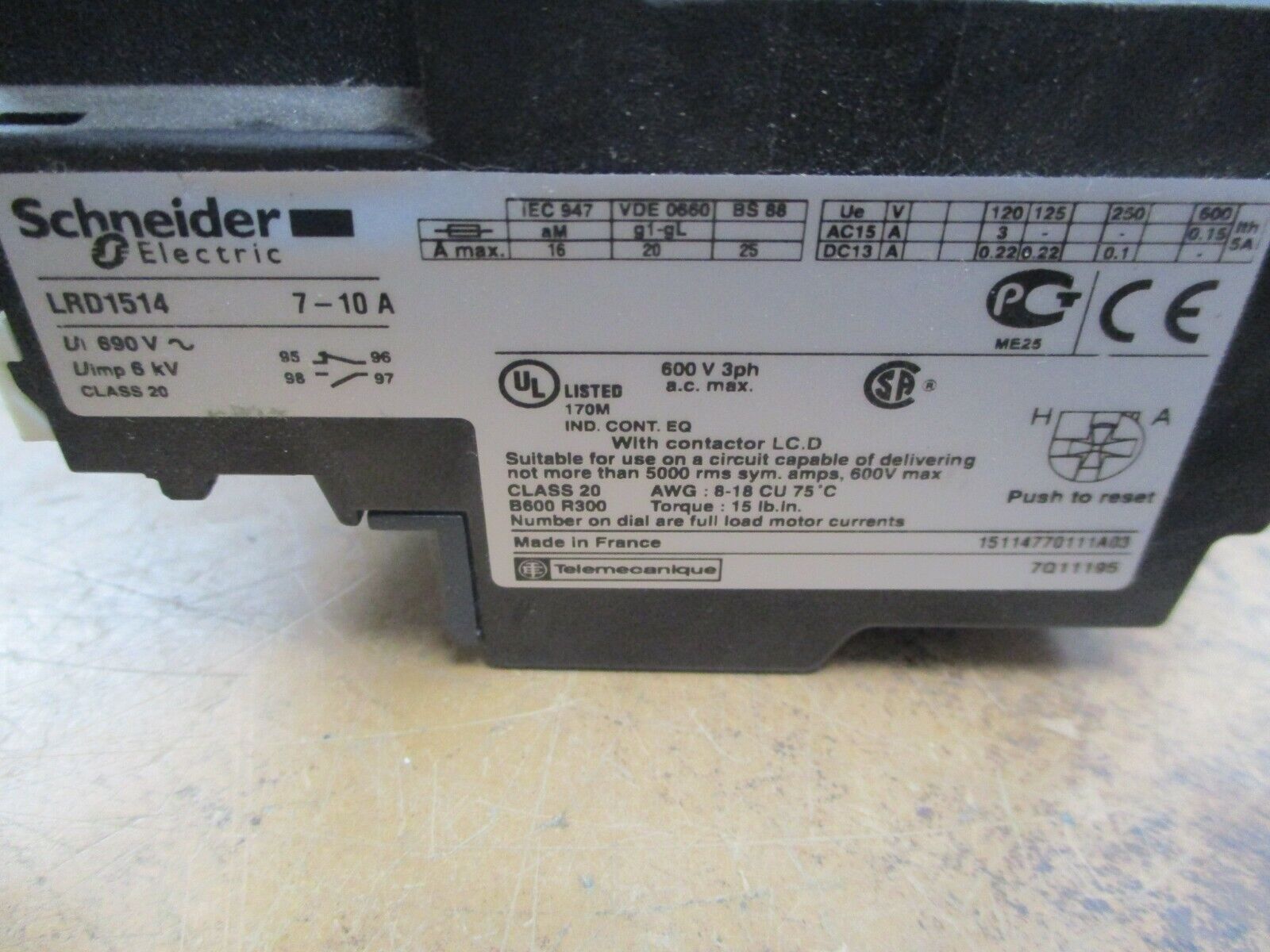 Schneider Electric Solid State Overload LRD1514 Trip: 7-10A Used