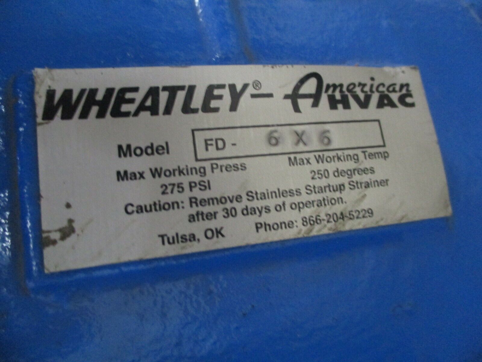 Wheatley-American HVAC Flow Diverter FD-6X6 275PSI 250° Used