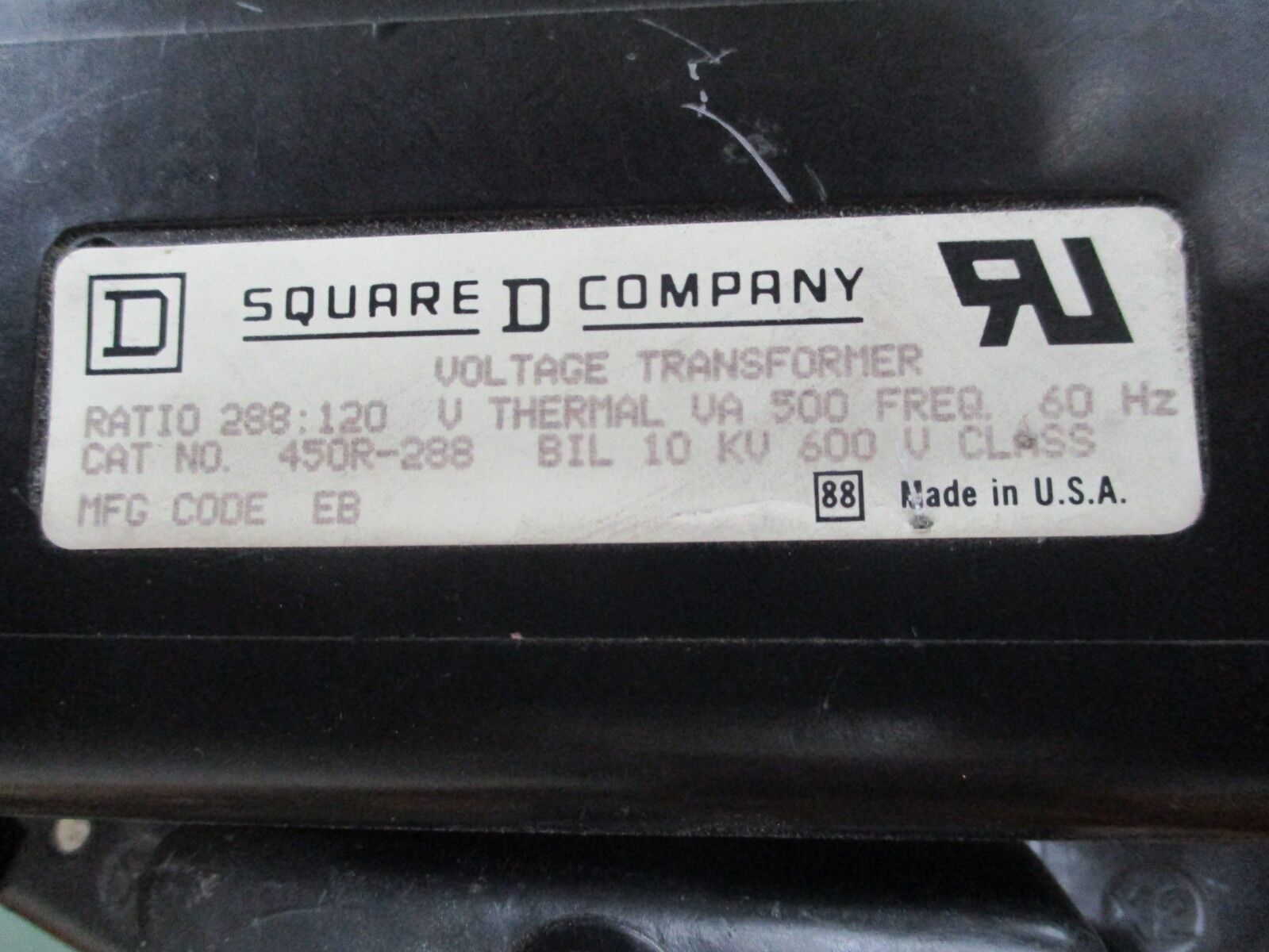 Square D Voltage Transformer 450R-288 Ratio 288:210V 750VA 600V Used