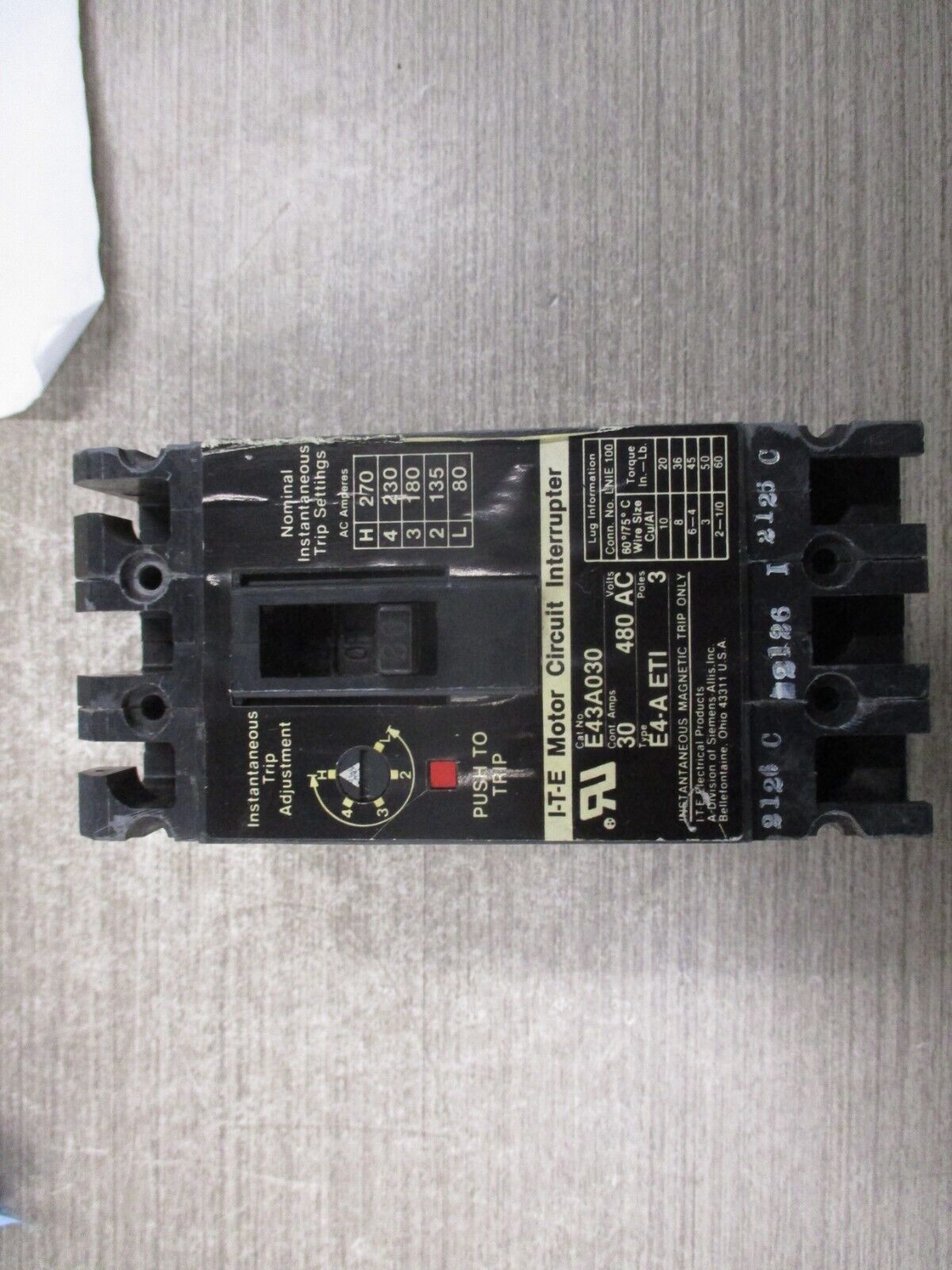 ITE Circuit Breaker E43A030 30A 480V 3P Used