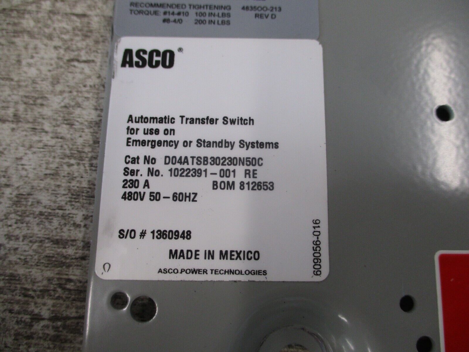 Asco Automatic Transfer Switch D04ATSB30230N50C 230A 480V 50/60Hz