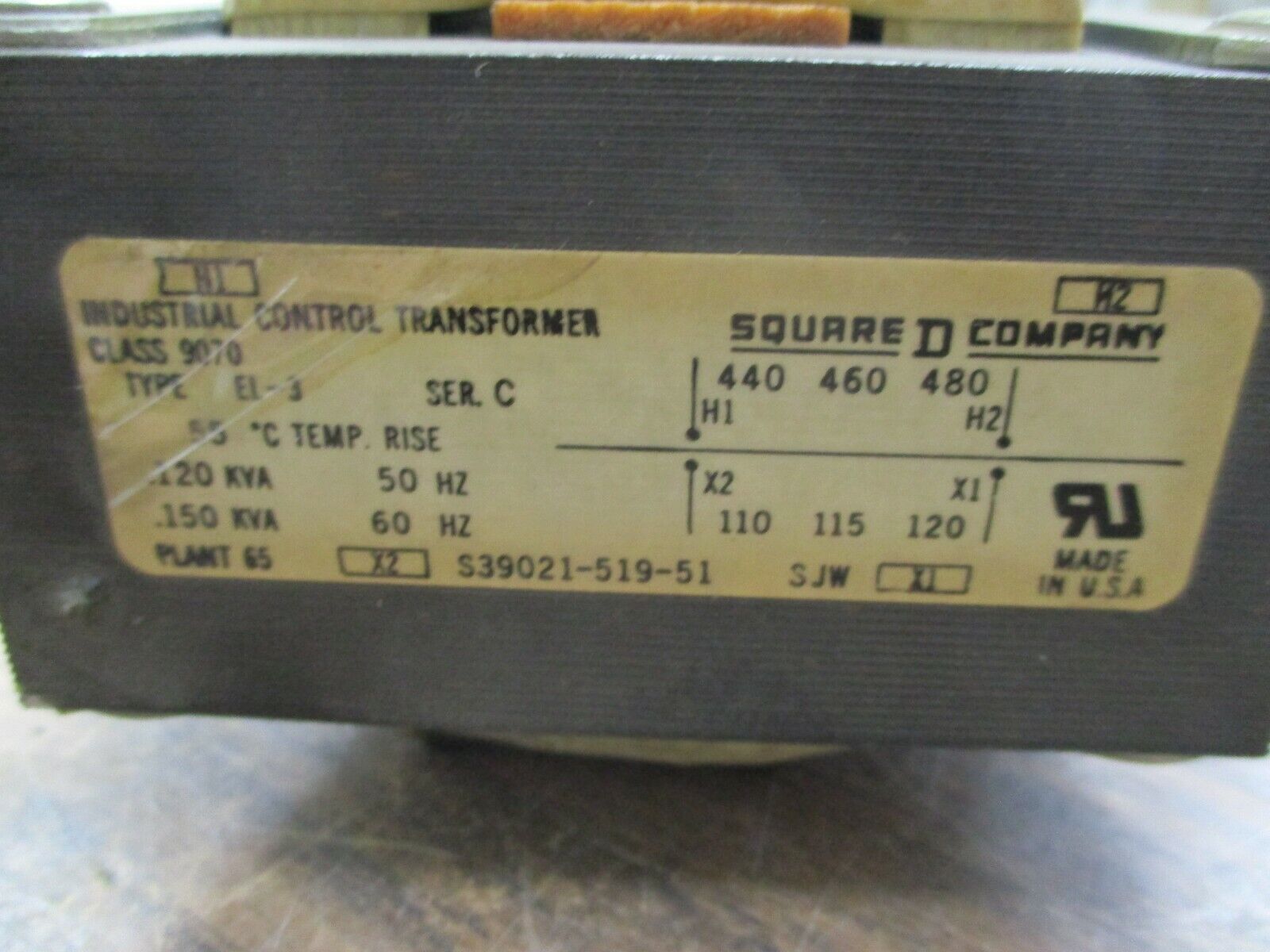 Square D Control Transformer 9070 EL-3 Ser. C 0.150KVA Pri: 480V Sec: 120V Used