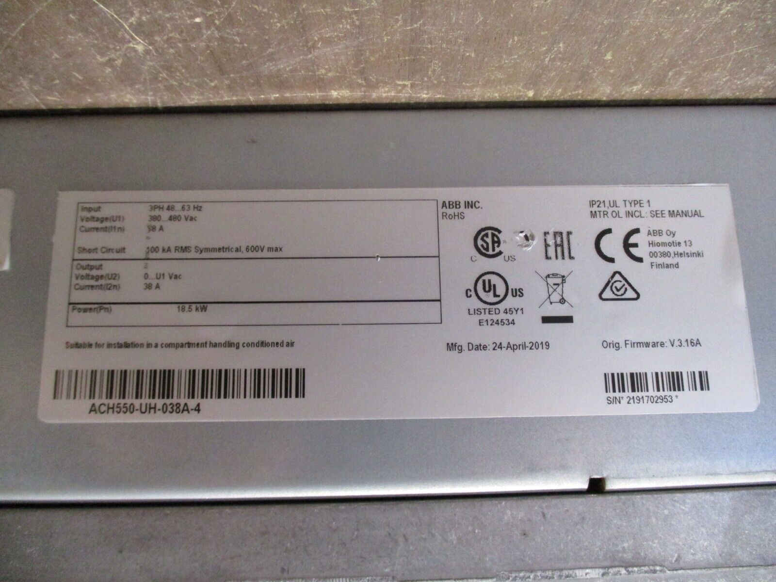 ABB ACH550 AC Drive ACH550-UH-038A-4 25HP 3Ph *No Keypad* Used