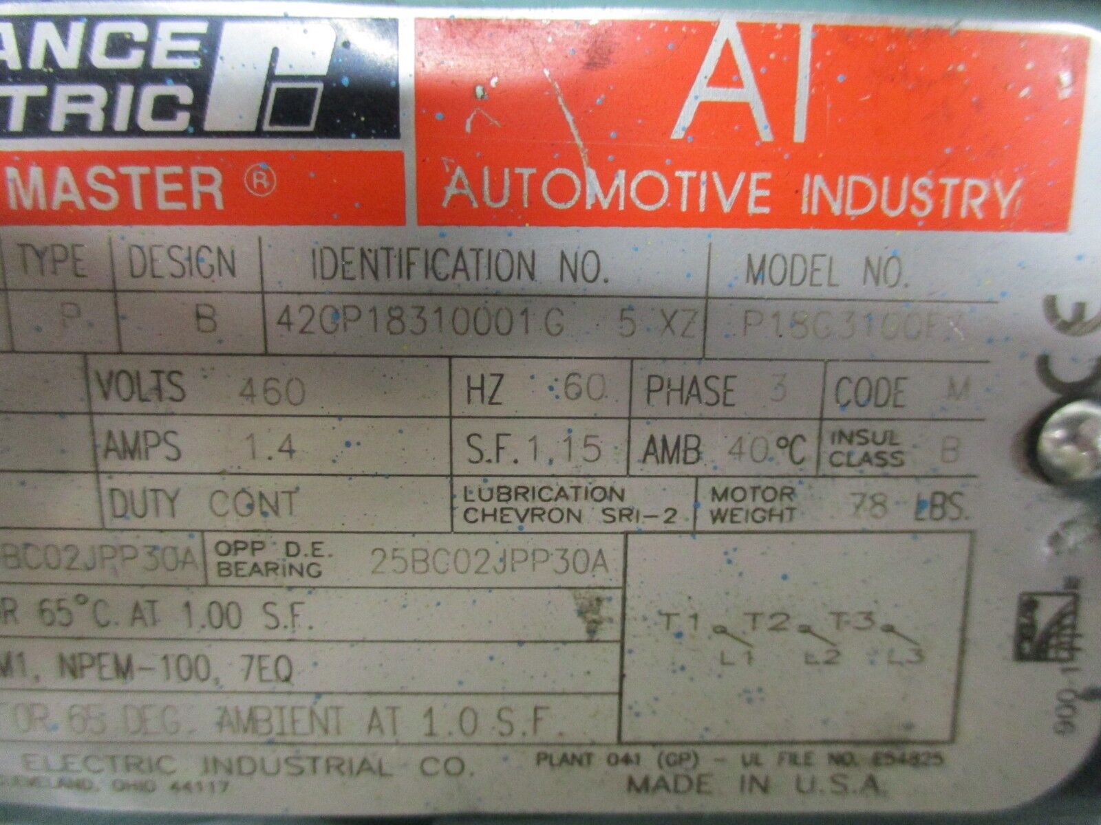 Reliance AI Duty Master AC Motor P18G3100F 1HP 1800RPM 460V 1.4A 60Hz 3Ph Used