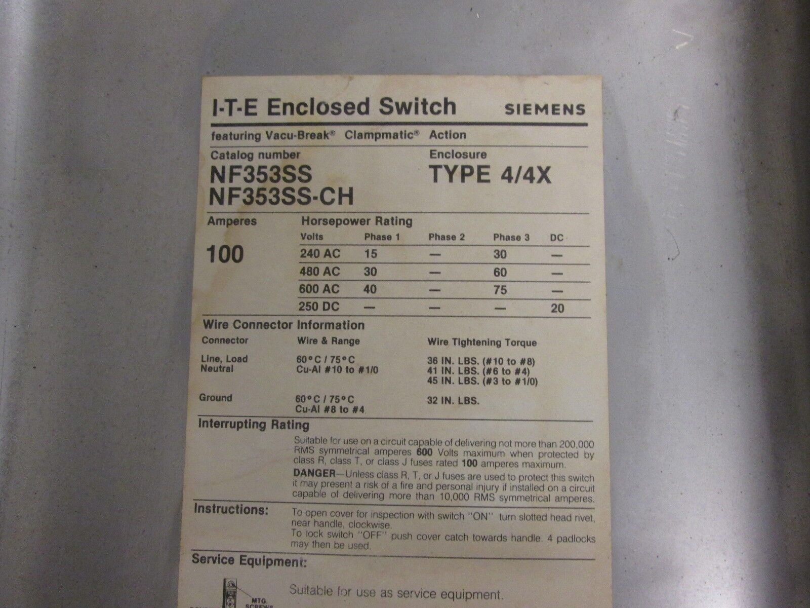 ITE Stainless steel non fusible safety switch NF353SS 100A 600V 3P Nema 4 Used