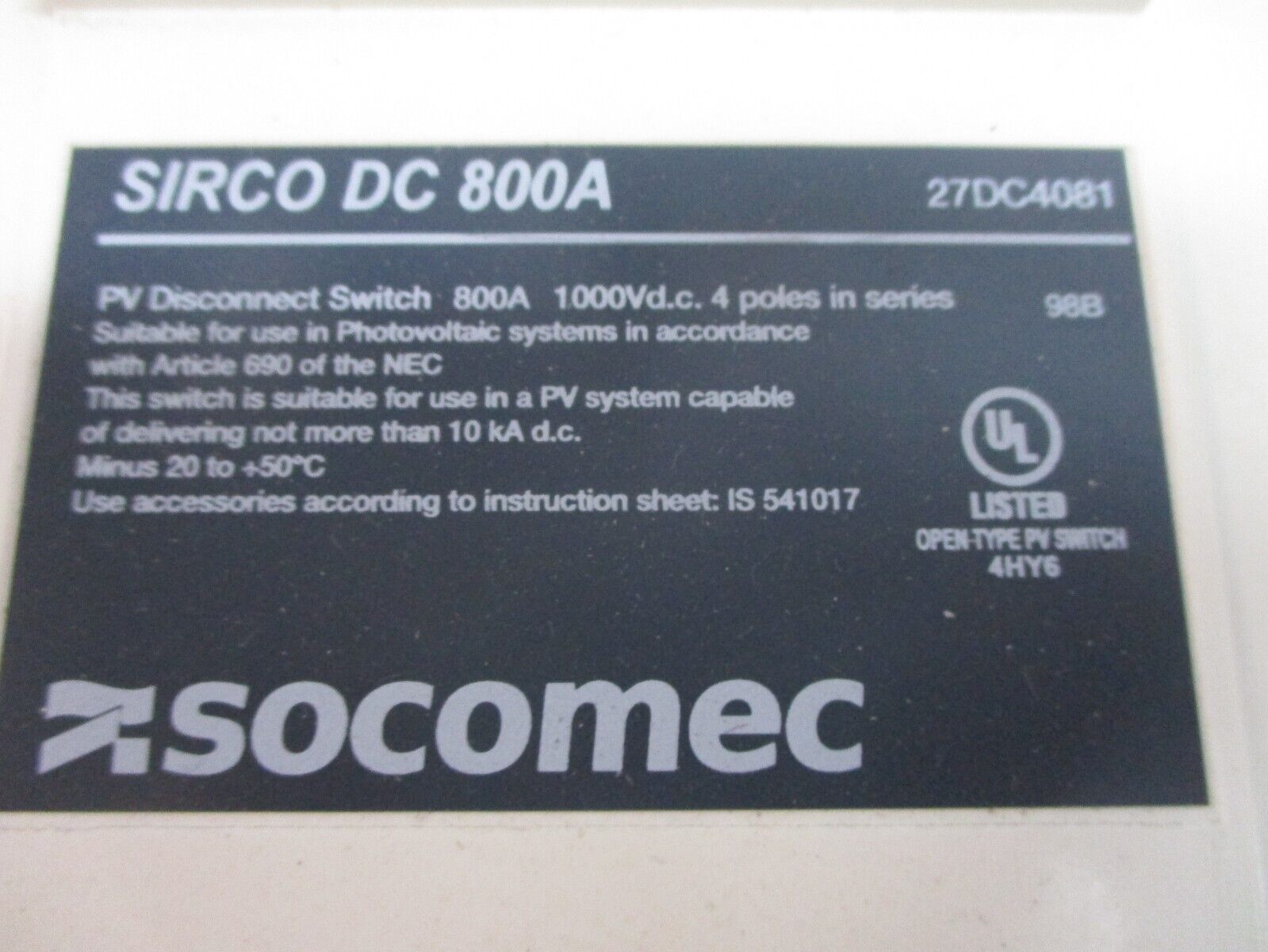 Socomec Sirco DC PV Disconnect Switch 27DC4081 800A 1000VDC 4P *No Handle* Used