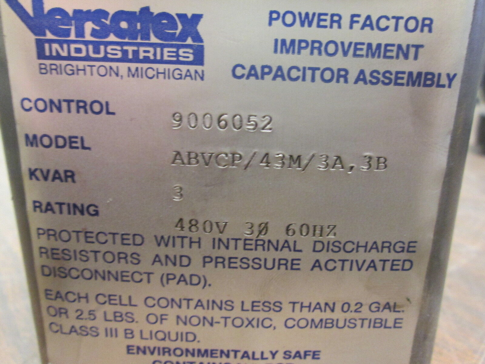 Versatex Power Factor Improvement Capacitor Assembly ABVCP/43M/3A,3B 3KVAR 480V