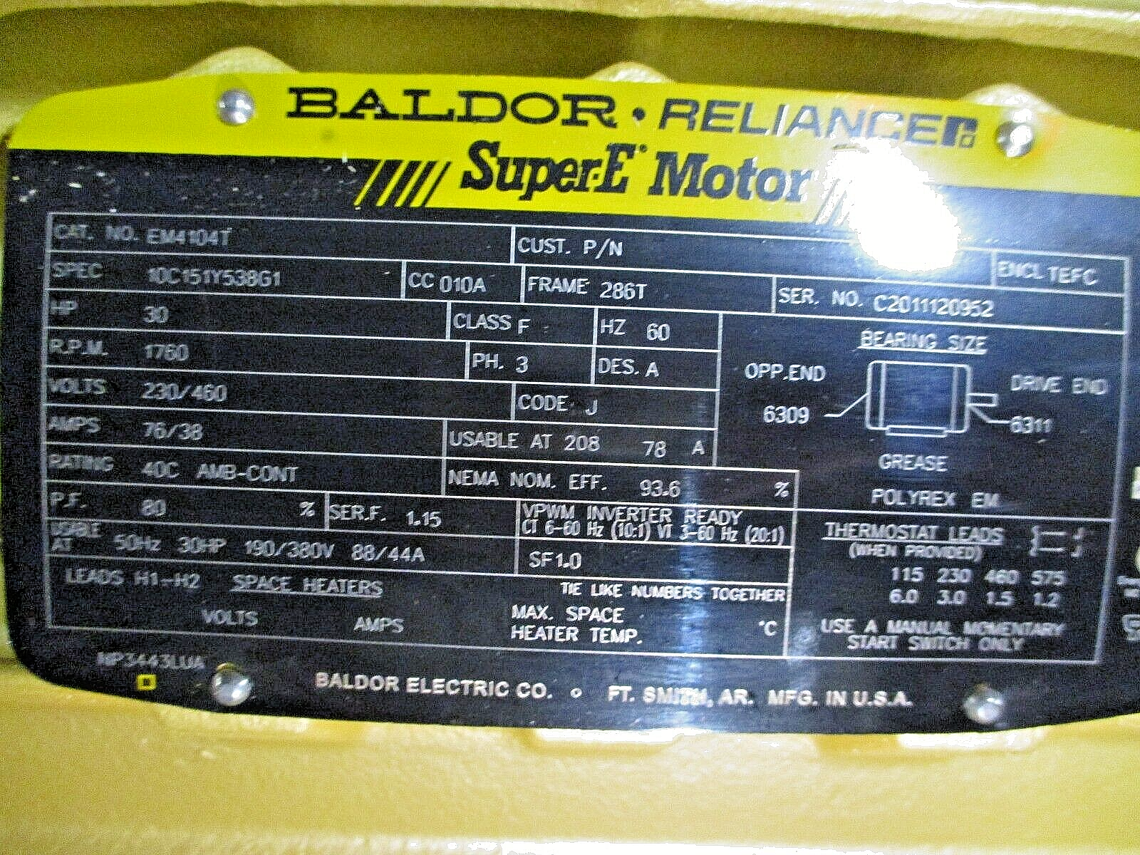 Baldor Motor EM4104T 30HP 1800RPM 230/460V 76/38A 3Ph 60Hz New Surplus